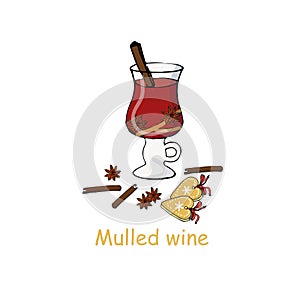 Mulled wine banner festive elements for restaurant and cafe menu, for web. Winter drink, christmas cookies, spices
